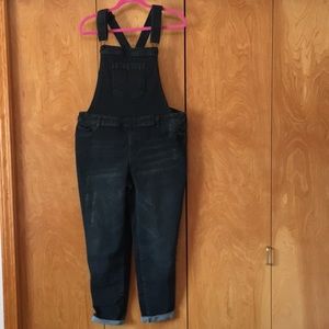 Distressed black boyfriend denim overalls